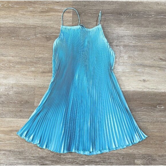 L'IDEE US Sz 6 Summer Blue Ete Mini Dress Umbrella Pleat Criss Cross NWT NEW - Picture 2 of 10